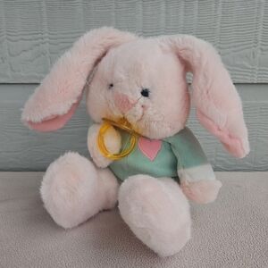 Vintage Pink Bunny with Pacifier Plush 12" Green Pink Heart Stuffed Rabbit Baby